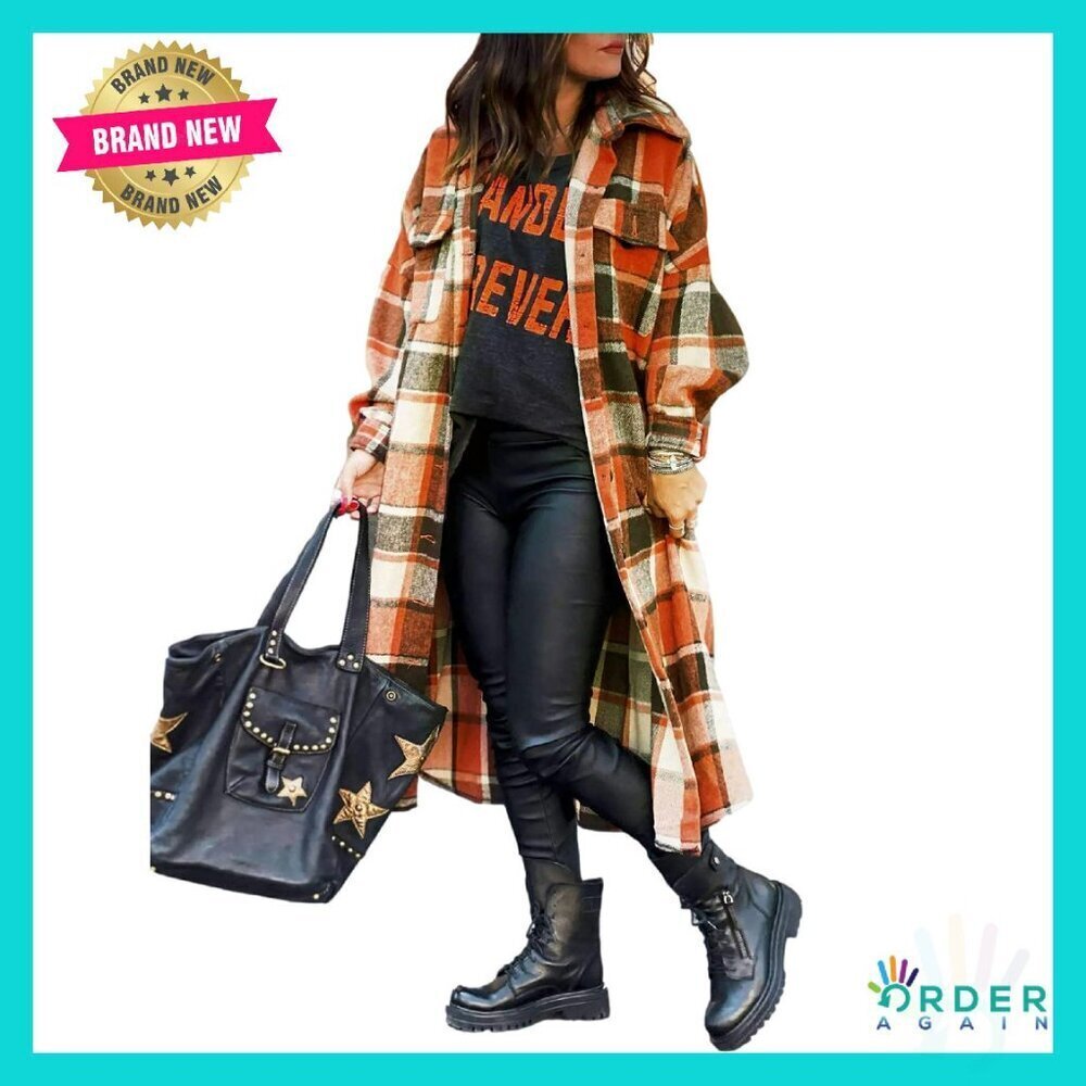 Oversized Flannel Trench Coat Classic Plaid Button Down Long Shacket Fall